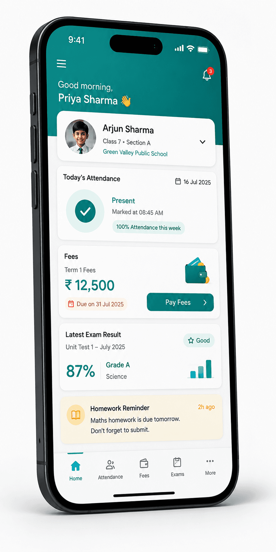 Pro ERP India parent mobile app showing attendance, fees and exam results